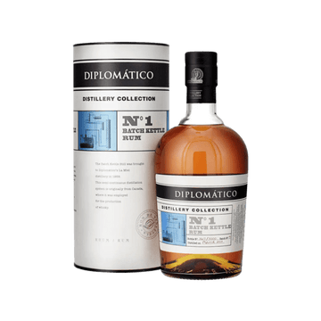 Diplomático Distillery Collection N°1 Batch Kettle Rum bottle with white and black cylindrical packaging
