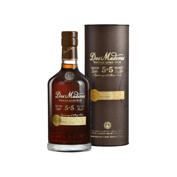 Dos Maderas 5+5 triple aged rum bottle and gift box, premium dark rum packaging