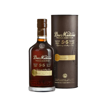 Dos Maderas 5+5 triple aged rum bottle and gift box, premium dark rum packaging