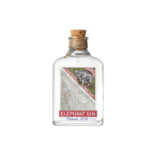 Elephant Gin bottle with cork stopper and detailed label featuring elephant and map design