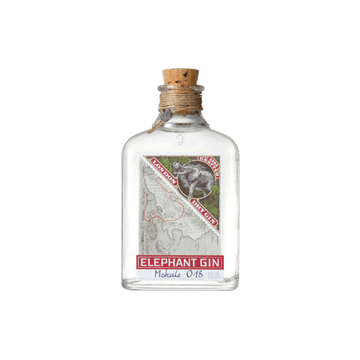 Elephant Gin bottle with cork stopper and detailed label featuring elephant and map design