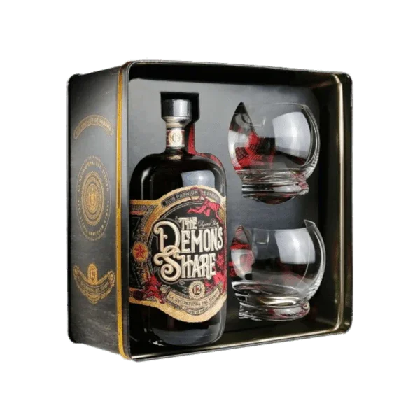 Premium rum gift set with The Demon's Share bottle and two glass tumblers in box