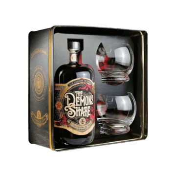 Premium rum gift set with The Demon's Share bottle and two glass tumblers in box