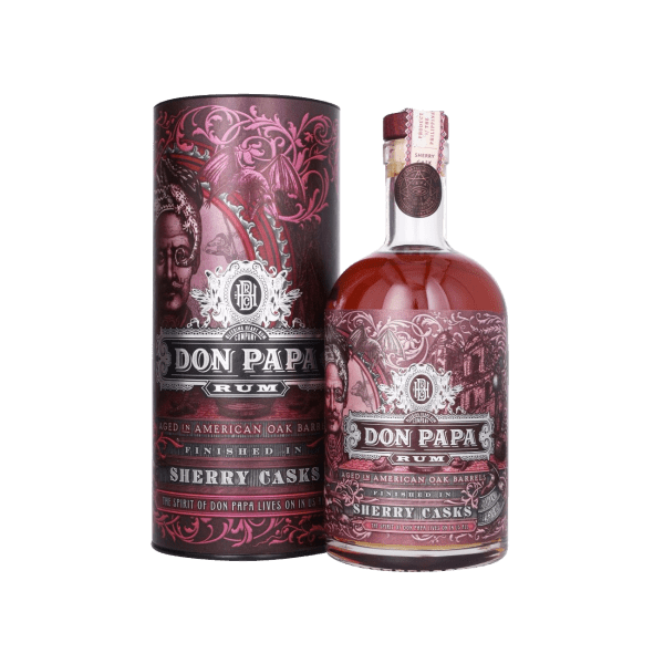Don Papa Rum bottle and packaging with detailed vintage design, aged in American oak, finished in sherry casks