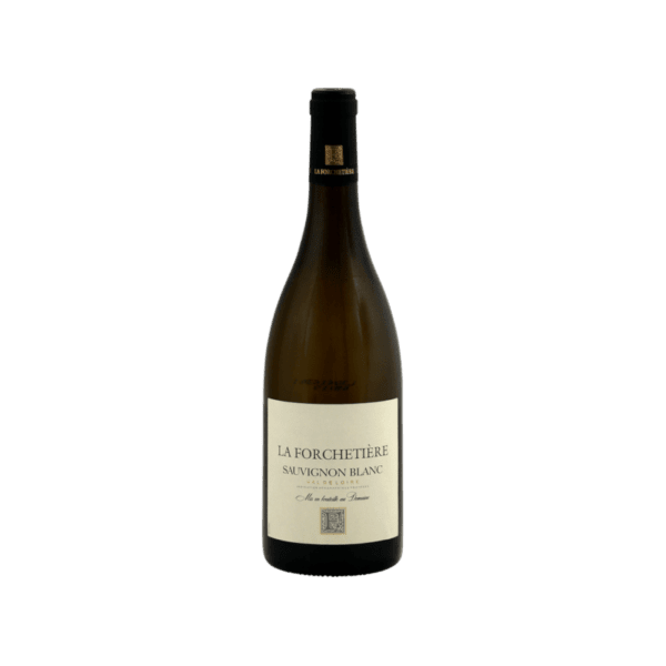 Bottle of La Forchetière Sauvignon Blanc white wine with minimalist label on white background