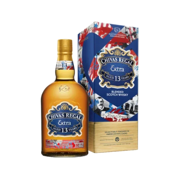 Chivas Regal Extra 13 Year Old blended Scotch whisky bottle with colorful gift box
