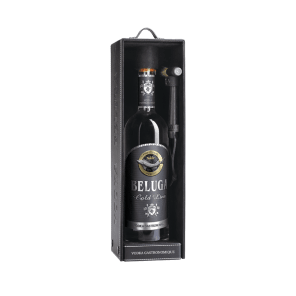 Beluga Cold Line Vodka bottle in a black gift box with a branded hammer tool