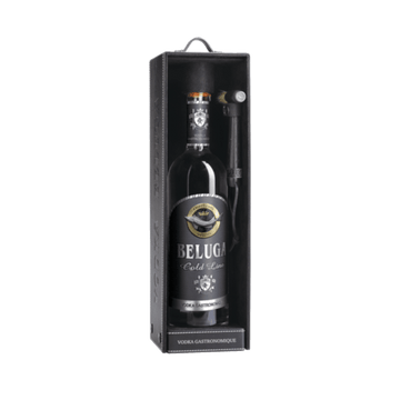 Beluga Cold Line Vodka bottle in a black gift box with a branded hammer tool