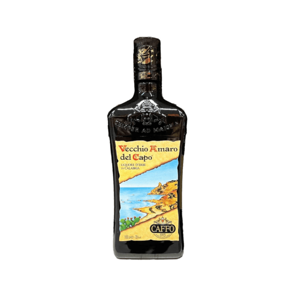 Vecchio Amaro del Capo herbal liqueur bottle with Calabria coastal label by Caffo