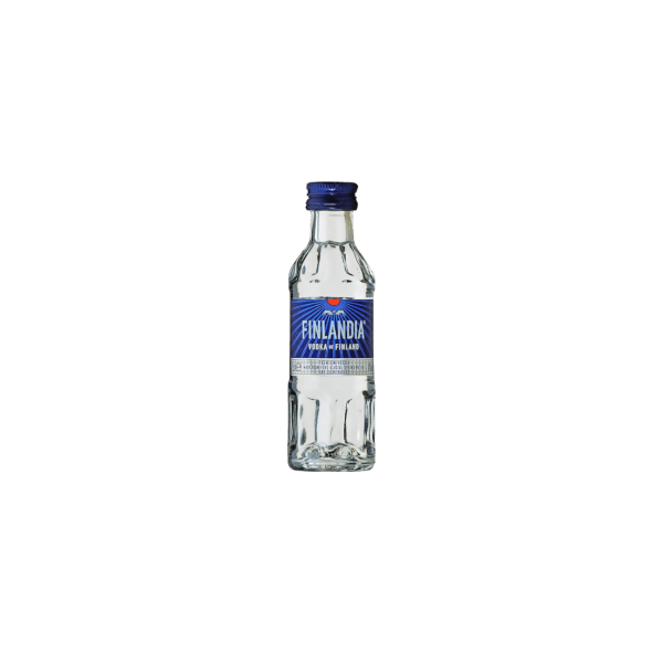 Mini clear glass vodka bottle with blue Finlandia label on white background