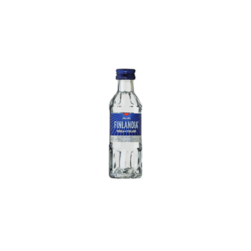 Finlandia vodka bottle with blue label and cap, clear glass, isolated on white background