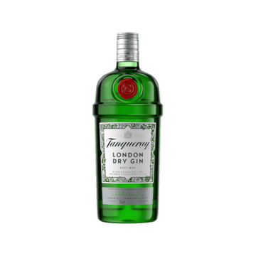 Green bottle of Tanqueray London Dry Gin with silver cap and detailed label