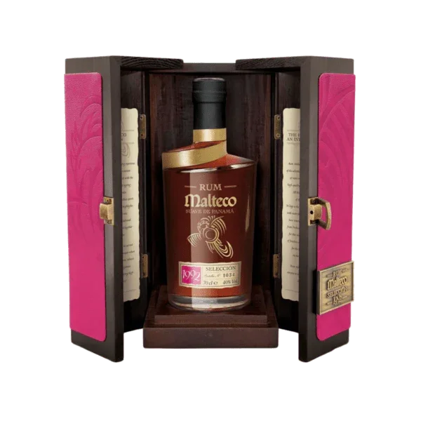 Malteco premium rum bottle in decorative wooden box with pink panels
