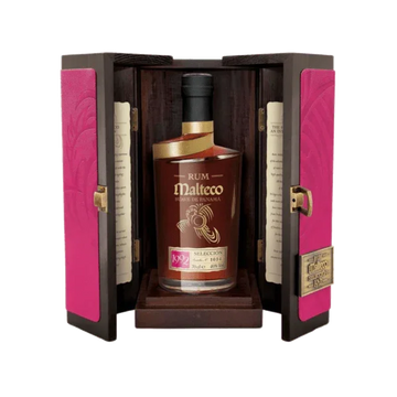 Malteco premium rum bottle in decorative wooden box with pink panels
