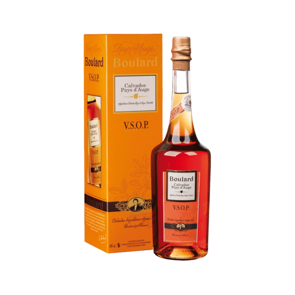 Bottle of Boulard Calvados Pays d'Auge V.S.O.P. apple brandy with orange packaging box