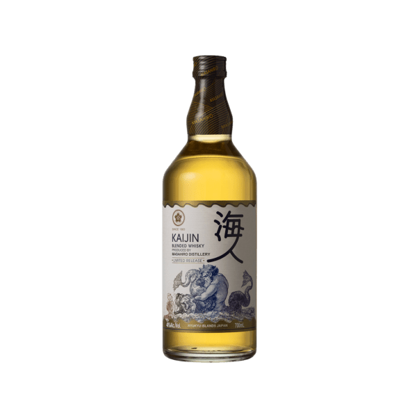 Kaijin blended whisky bottle from Masahiro Distillery with Japanese characters and sea creature artwork