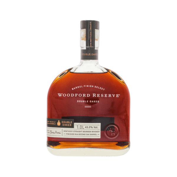 Woodford Reserve Double Oaked bourbon whiskey bottle with brown liquid and clear label
