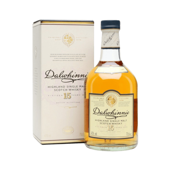 Dalwhinnie 15-year Highland Single Malt Scotch Whisky bottle with branded box