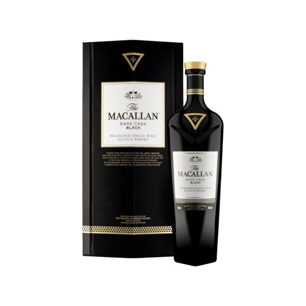 The Macallan Rare Cask Black Highland Single Malt Scotch Whisky bottle and packaging in black with gold accents