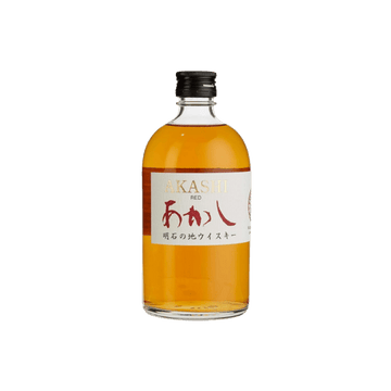 Small bottle of Akashi Red Japanese whisky with amber liquid and black cap