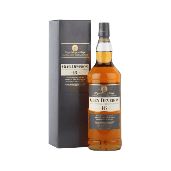 Glen Deveron 16-year Highland single malt Scotch whisky bottle and black box from Royal Burgh Collection