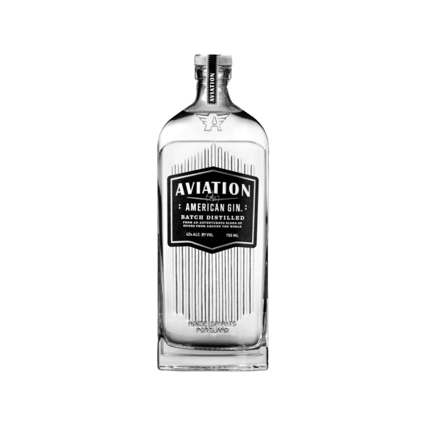 Clear bottle of Aviation American Gin with black label, batch distilled, 42% alcohol, 750ml