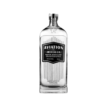 Clear bottle of Aviation American Gin with black label, batch distilled, 42% alcohol, 750ml
