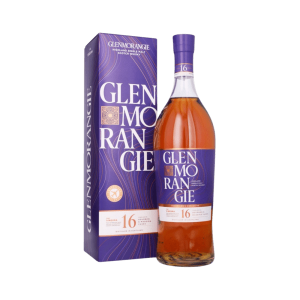 Glenmorangie 16 year old single malt Scotch whisky bottle with purple gift box