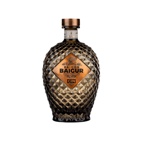 Saigon Baigur premium dry gin bottle with textured diamond pattern and copper label