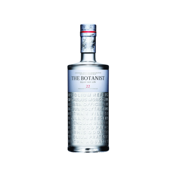 The Botanist Islay Dry Gin bottle with embossed botanical names and silver-blue label