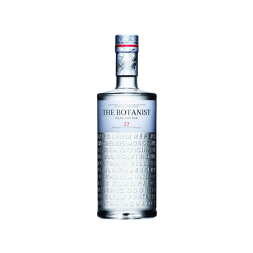 The Botanist Islay Dry Gin bottle with embossed botanical names and silver-blue label