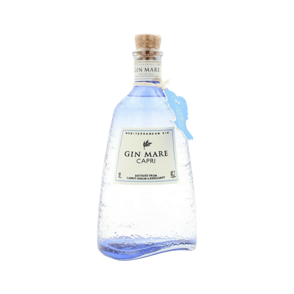 Gin Mare Capri Mediterranean gin bottle with cork cap and blue tinted glass