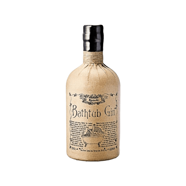 Bathtub Gin bottle wrapped in brown paper with vintage style label and black cap
