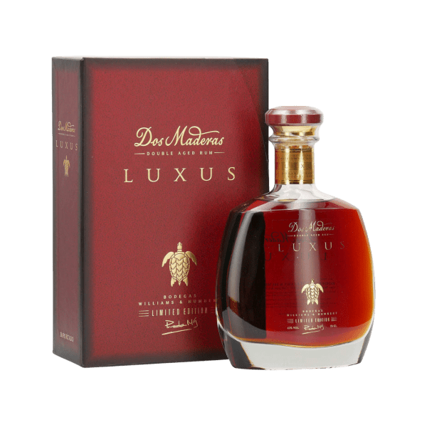 Dos Maderas Luxus double aged rum in elegant bottle with matching red and gold gift box