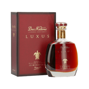 Dos Maderas Luxus double aged rum in elegant bottle with matching red and gold gift box