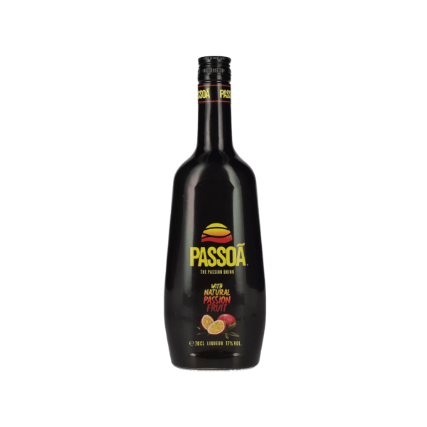 Black Passoã passion fruit liqueur bottle with bright yellow and red logo and fruit illustration