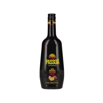 Black Passoã passion fruit liqueur bottle with bright yellow and red logo and fruit illustration