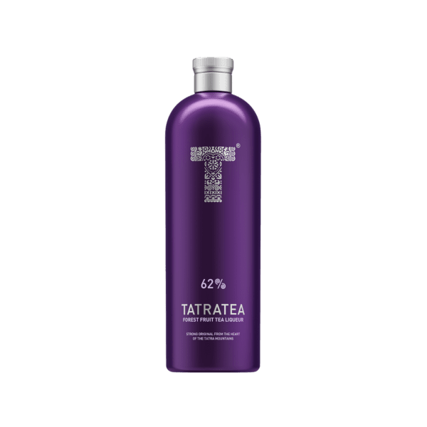 Purple bottle of Tatranec 62% forest fruit tea liqueur with silver cap and detailed logo