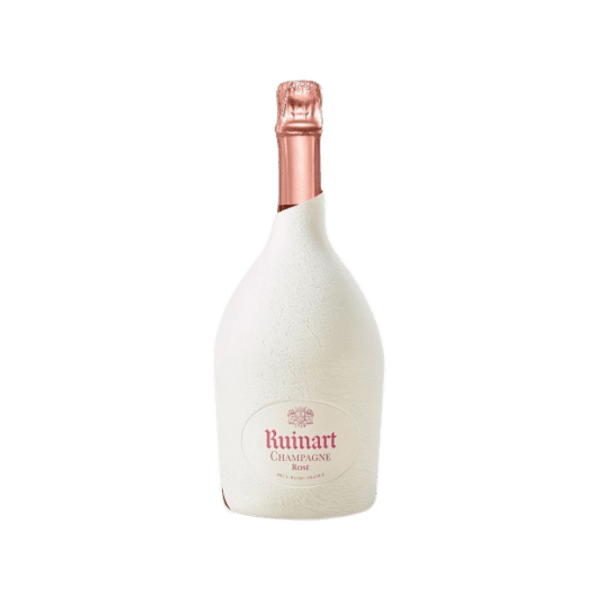 Ruinart Champagne Rosé bottle with white textured cover and rose gold foil top
