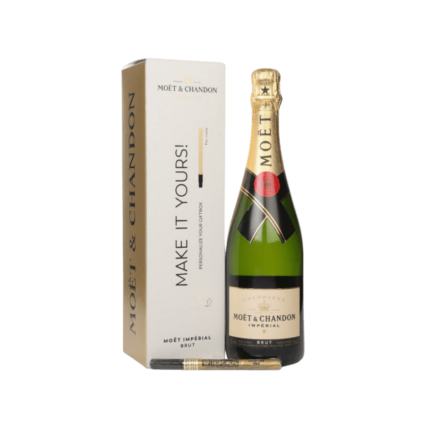 Moet & Chandon Imperial Brut Champagne bottle with gift box and gold pen