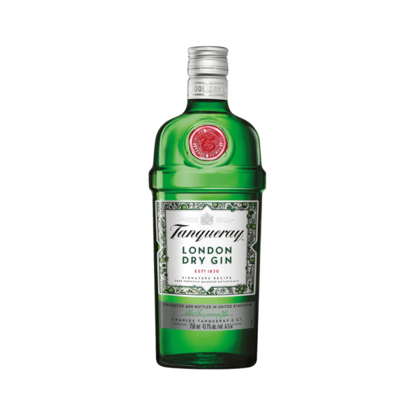 Green bottle of Tanqueray London Dry Gin with white label on transparent background