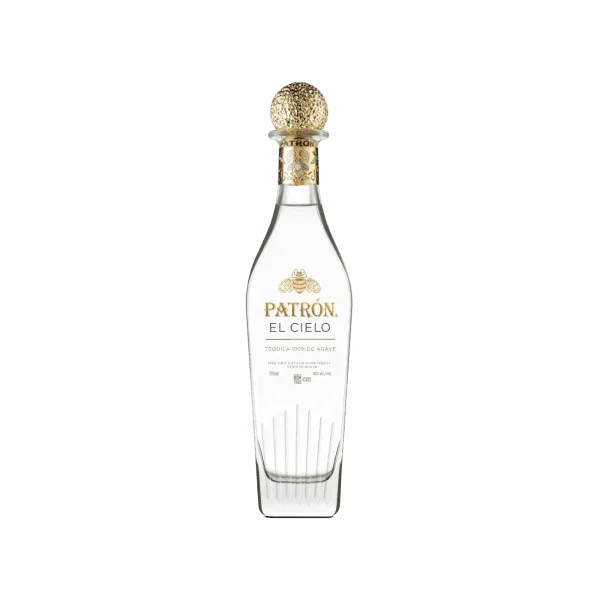 Patron El Cielo premium tequila bottle with gold details on a transparent background