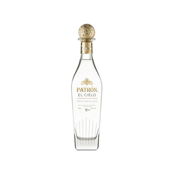 Patron El Cielo premium tequila bottle with gold details on a transparent background