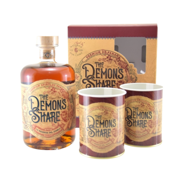The Demon's Share premium rum bottle with two branded mugs and gift box, Panama spirit set