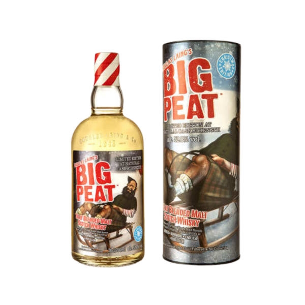 Big Peat blended malt Scotch whisky bottle and festive gift tube packaging