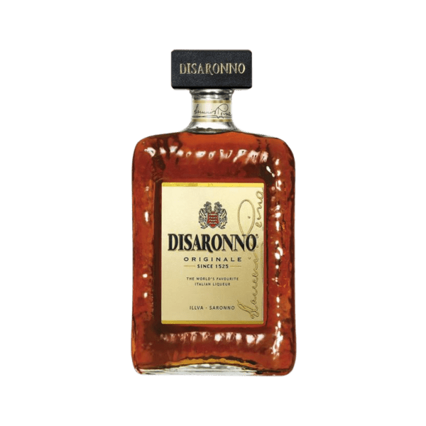 Disaronno Originale Italian liqueur bottle with amber liquid on transparent background