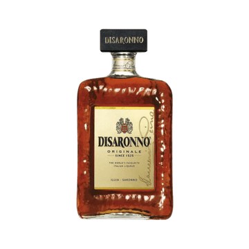 Disaronno Originale Italian liqueur bottle with amber liquid on transparent background