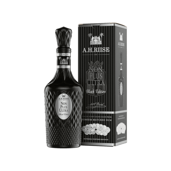 Premium A.H. Riise Non Plus Ultra Black Edition rum bottle with gift box, elegant design