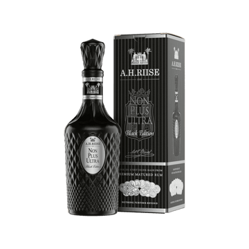 Premium A.H. Riise Non Plus Ultra Black Edition rum bottle with gift box, elegant design