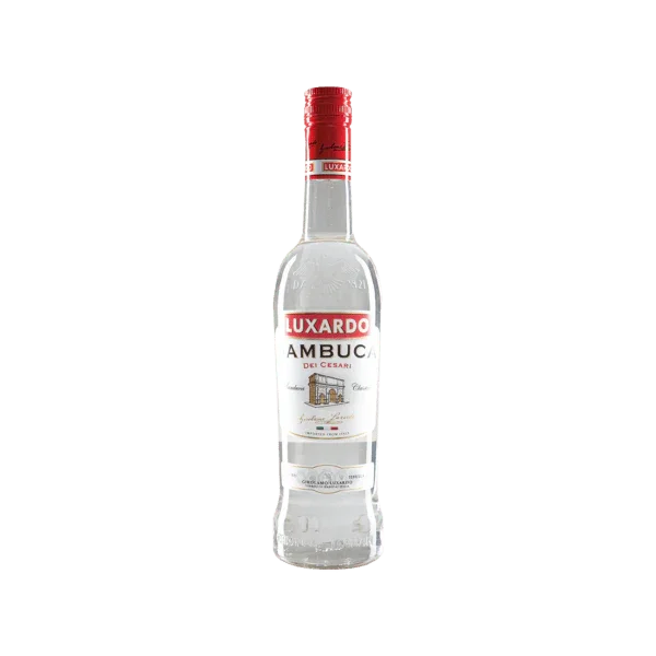 Luxardo Sambuca premium Italian liqueur bottle with red cap on white background